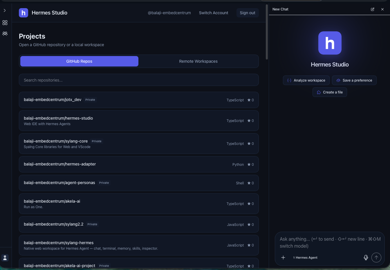The Projects screen — pick a GitHub repository to open in the workspace.