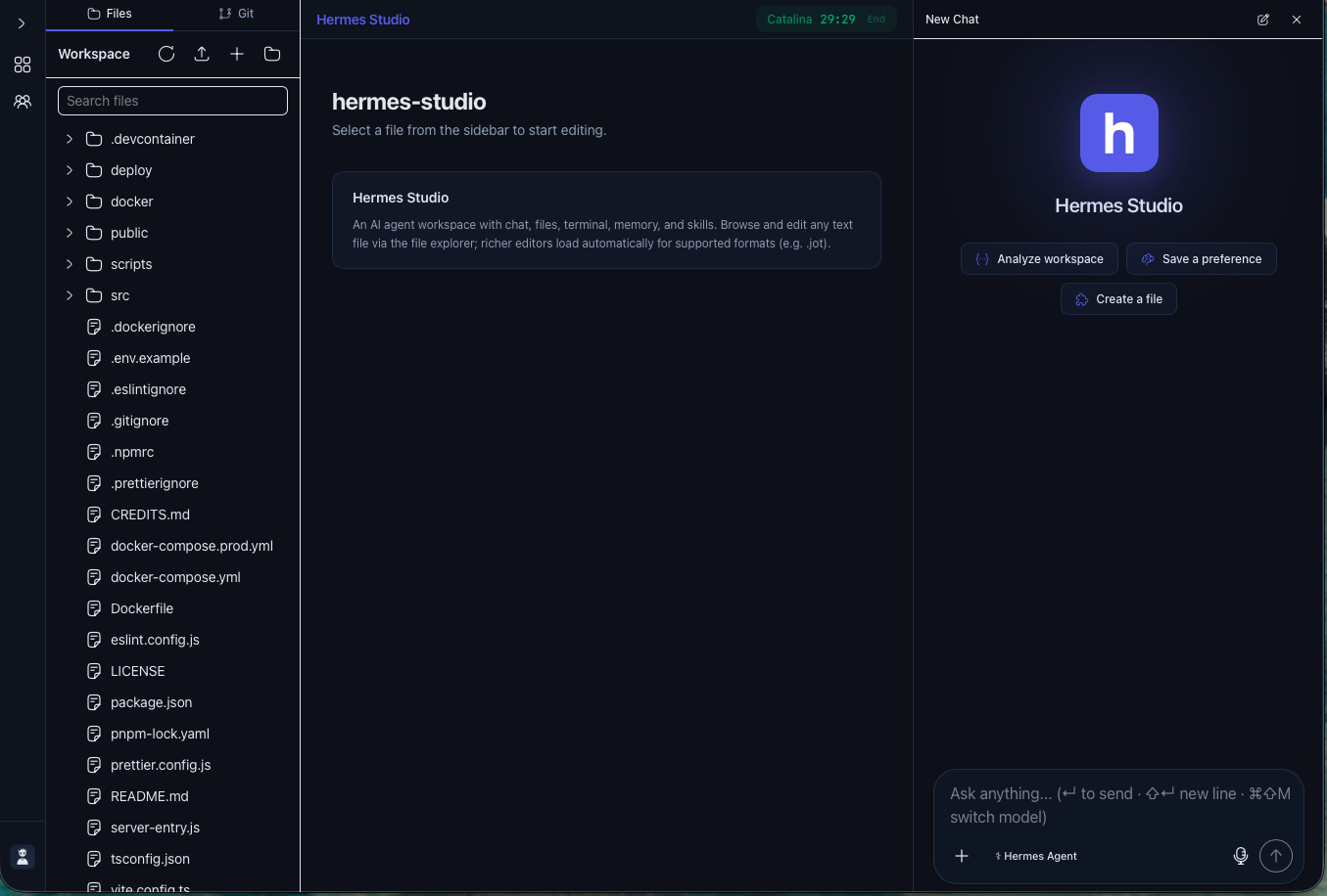 Hermes Studio workspace — file explorer on the left, project view in the centre, real-time agent chat on the right.